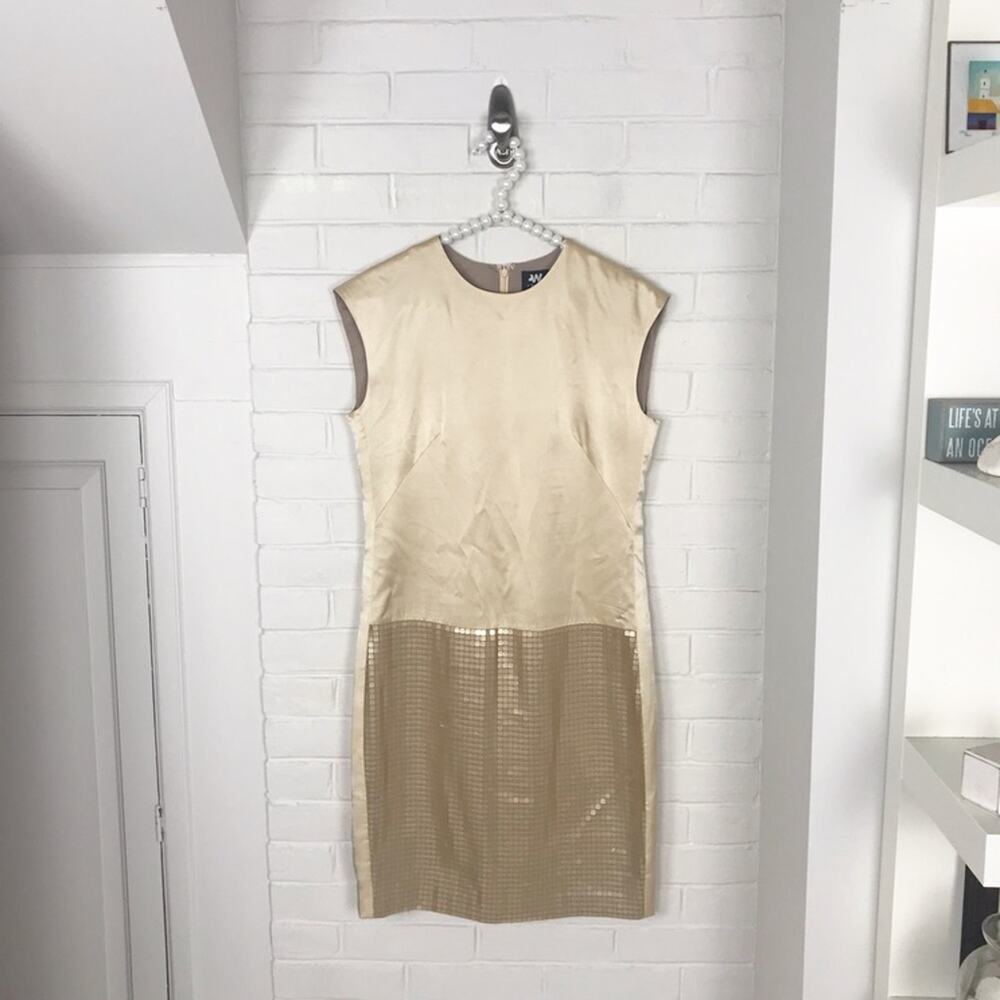 W by Worth Champagne Shimmer Sequin Sheath Dress Size 2